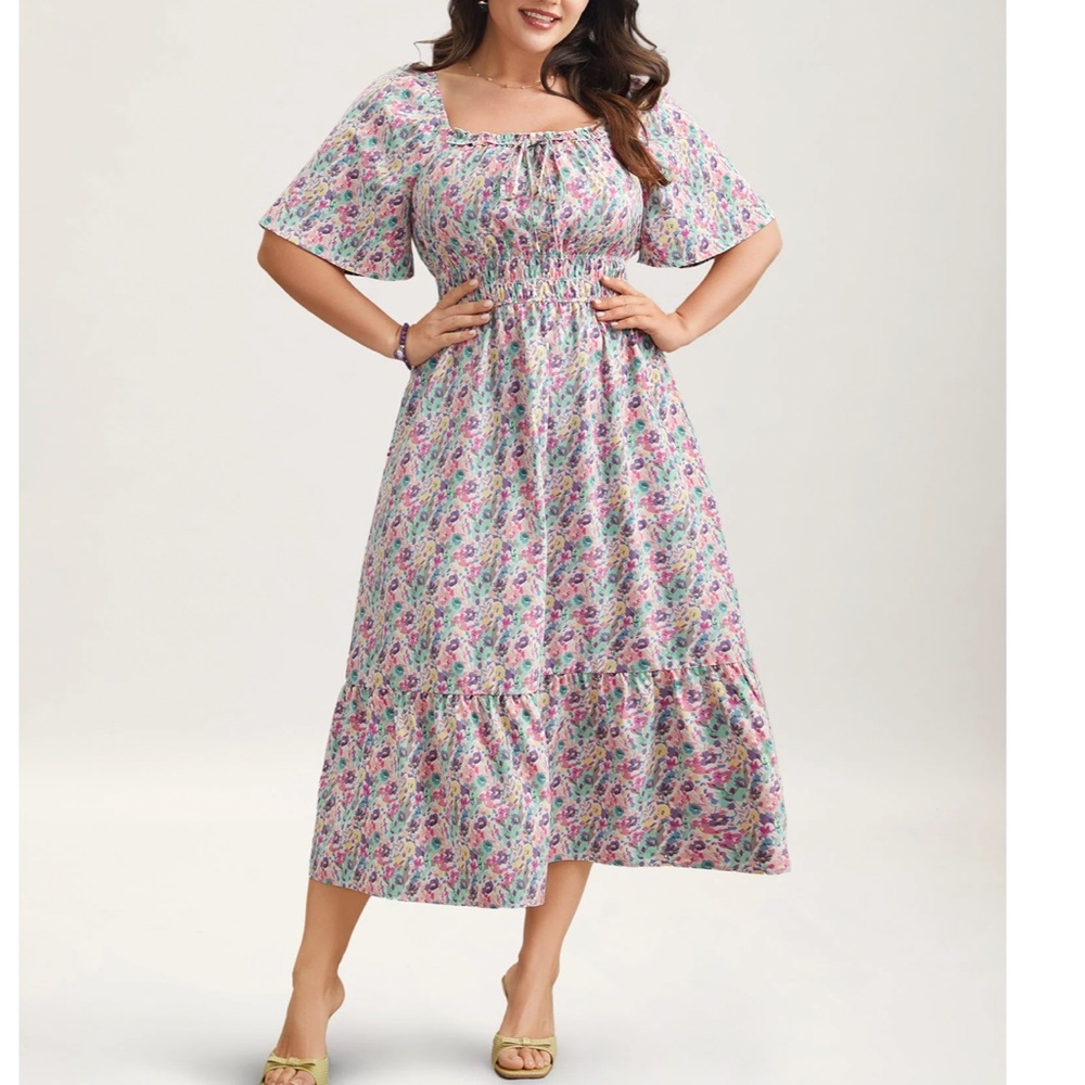 Pastel Floral Print Smocked Waist Long Tiered Dress